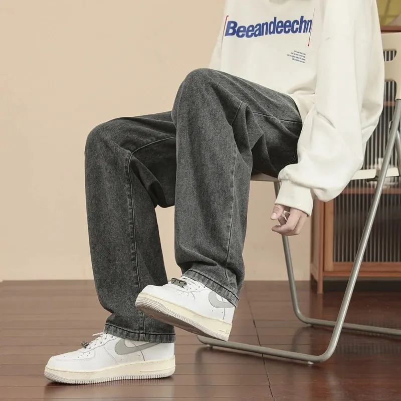 2023 New Korean Fashion Men's Casual Ankle-Length Jeans Classic Man Straight Denim Wide-leg Pants Light Blue Grey Black 3XL