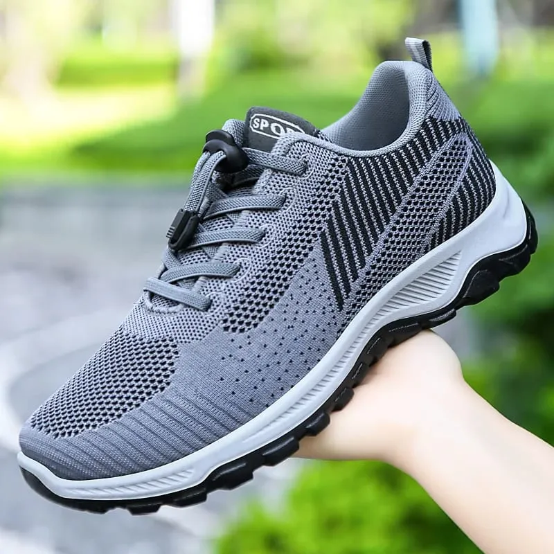 Men Breathable Mesh Knit Trainers Elastic Quick Lace Non Slip Thick Sole Outdoor Walking Sports Sneakers