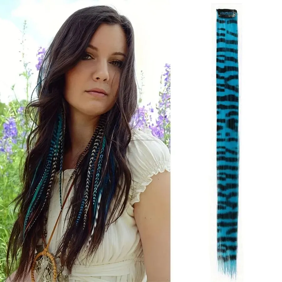 Stripe Printed Clip in Hair Extensions Colorful Synthetic Hair Highlights 18 Inches Straight Wig Hairpieces for Daily Use Party