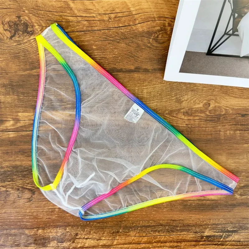 Cuecas masculinas coloridas de cintura baixa u convexa, cuecas de gaze sexy ultrafinas de malha pura transparente