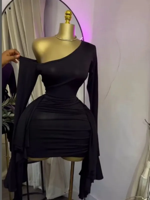 Women Drop Shoulder Flare Sleeve Ruffles Side Bodycon Midi Mini Dress 2026 Birthday Holiday Trendy Dresses Vestidos