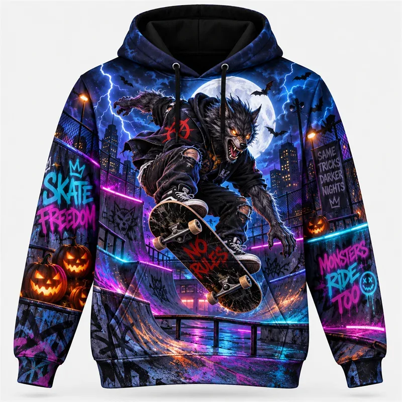 Halloween Hoodie 2026 Retro Graphic Pullover Haunted Adventure Gothic Night Streetwear Pumpkin Ghost Skeleton Moon Forest Unisex