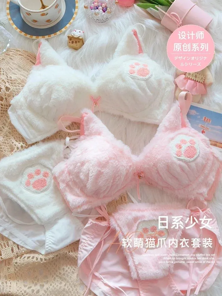 Cute Cat Paw Plush Lingerie Set for Women Warm Winter Bra & Panty with Ears Comfortable Kawaii Underwear