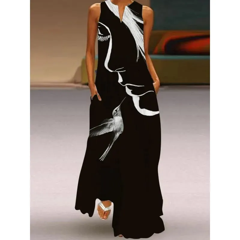 Women Dresses 2026 New summer wear sleeveless long dress V-neck printed emerald flower dress women's clothing vestidoes