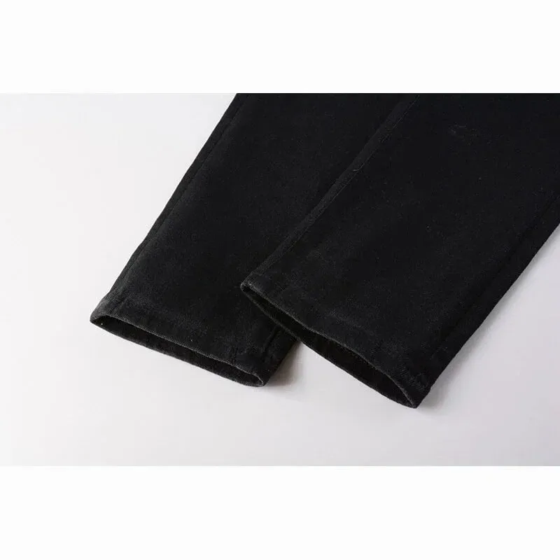 Men's Black Coated Slim Tapered Jeans Washed Distressed Design Button Fly High Street Style