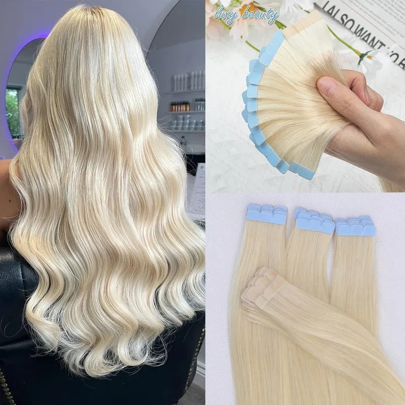 Blonde Mini-Tape-in-Haarverlängerungen, Echthaar, natürlich, glatt, schwarz, braun, doppelseitig, nahtlos, PU-Hautschuss-Tape-Ins, 10 Stück — image 12