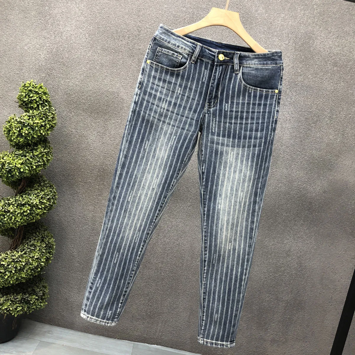 Autumn and Spring Fashion Trend Retro Sports Striped Straight Leg Jeans Men's Casual Comfortable Breathable High Quality Pants