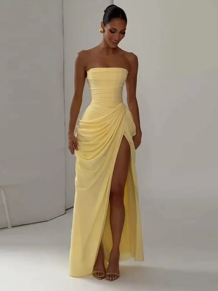 Sexy Solid Pleated Strapless Dress Lady Chic Off-shoulder Backless High Waist Split Dresses Babae 2026 Bagong Evening Party Gown