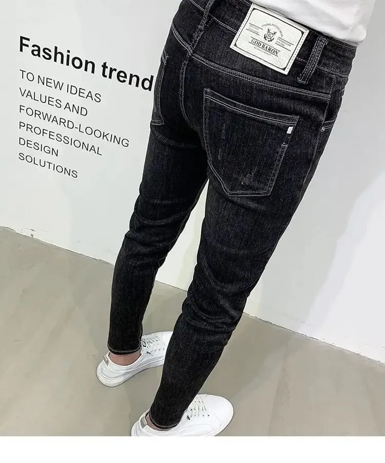 Nuevos pantalones vaqueros negros ajustados de estilo coreano para hombre con diseño bordado, pantalones vaqueros para ropa informal y de lujo, pantalones elásticos