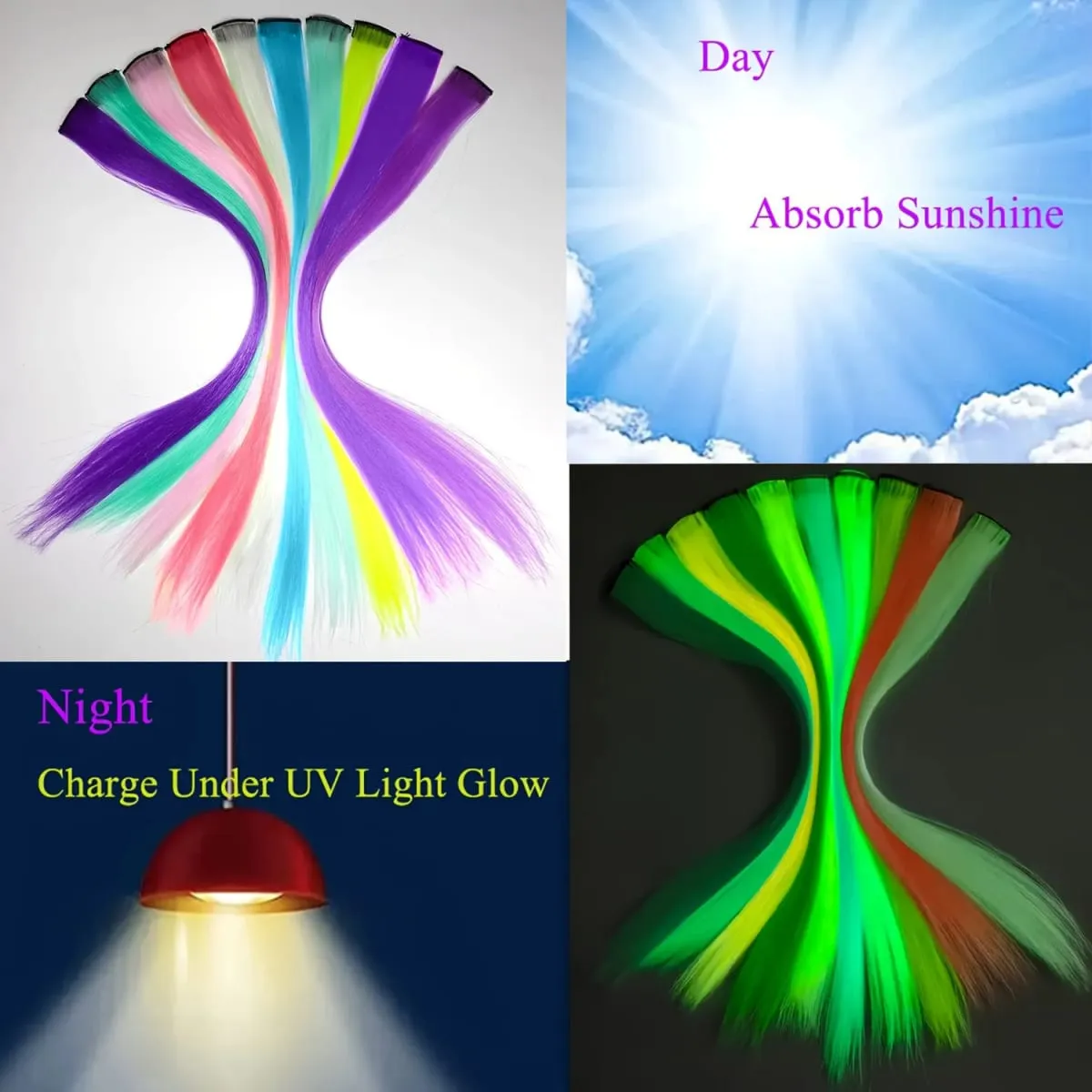 Glow in the Dark Hair Extensions Luminous Colored Hairpieces Colorful Hair Clips Synthetic Neon Fake Hair Clips Hair Accessories