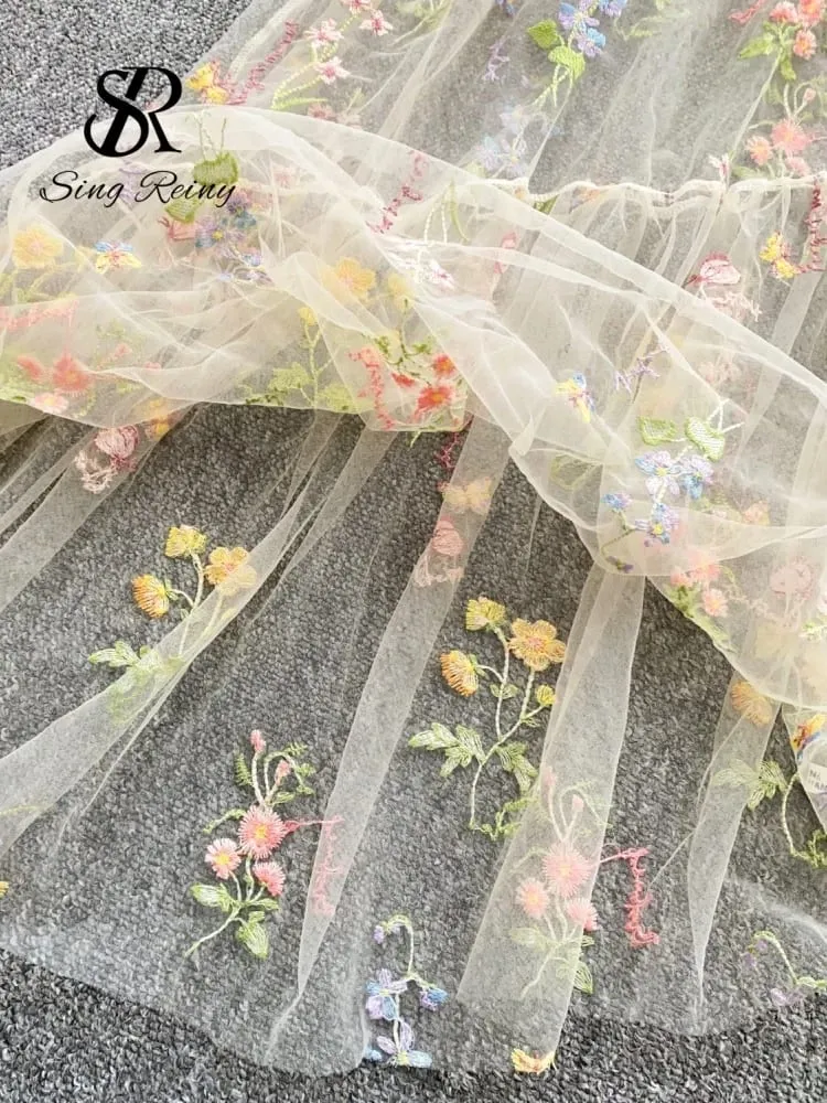 Holiday Floral Embroidery Long Dress 2026 Women O Neck Sleeveless Loose Irregular Summer French Mesh Bohemian Sundress