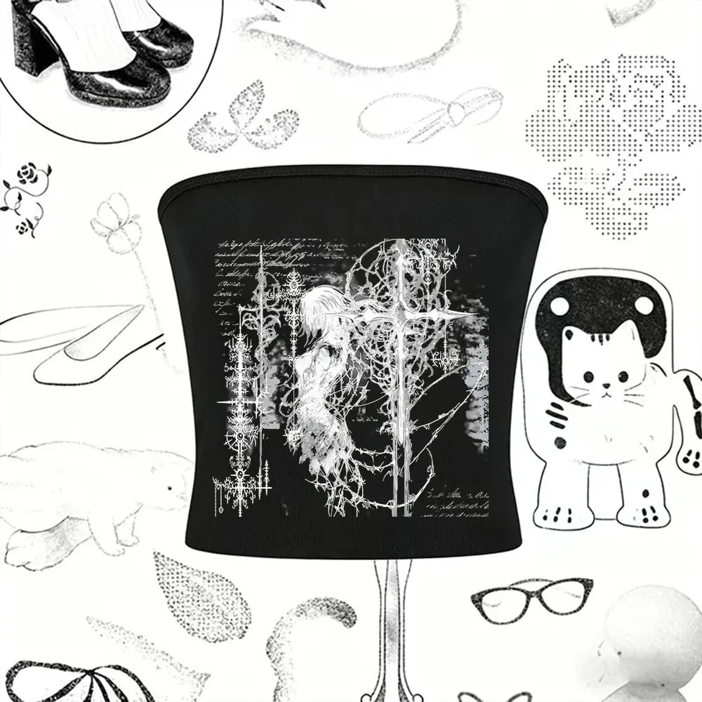 2000s Y2k Tops With Suspenders Aesthetic Women's Blouses Goth Clothes Tanks & Camis Crop Top Women Emo 90s Vintage Clothes Woman
