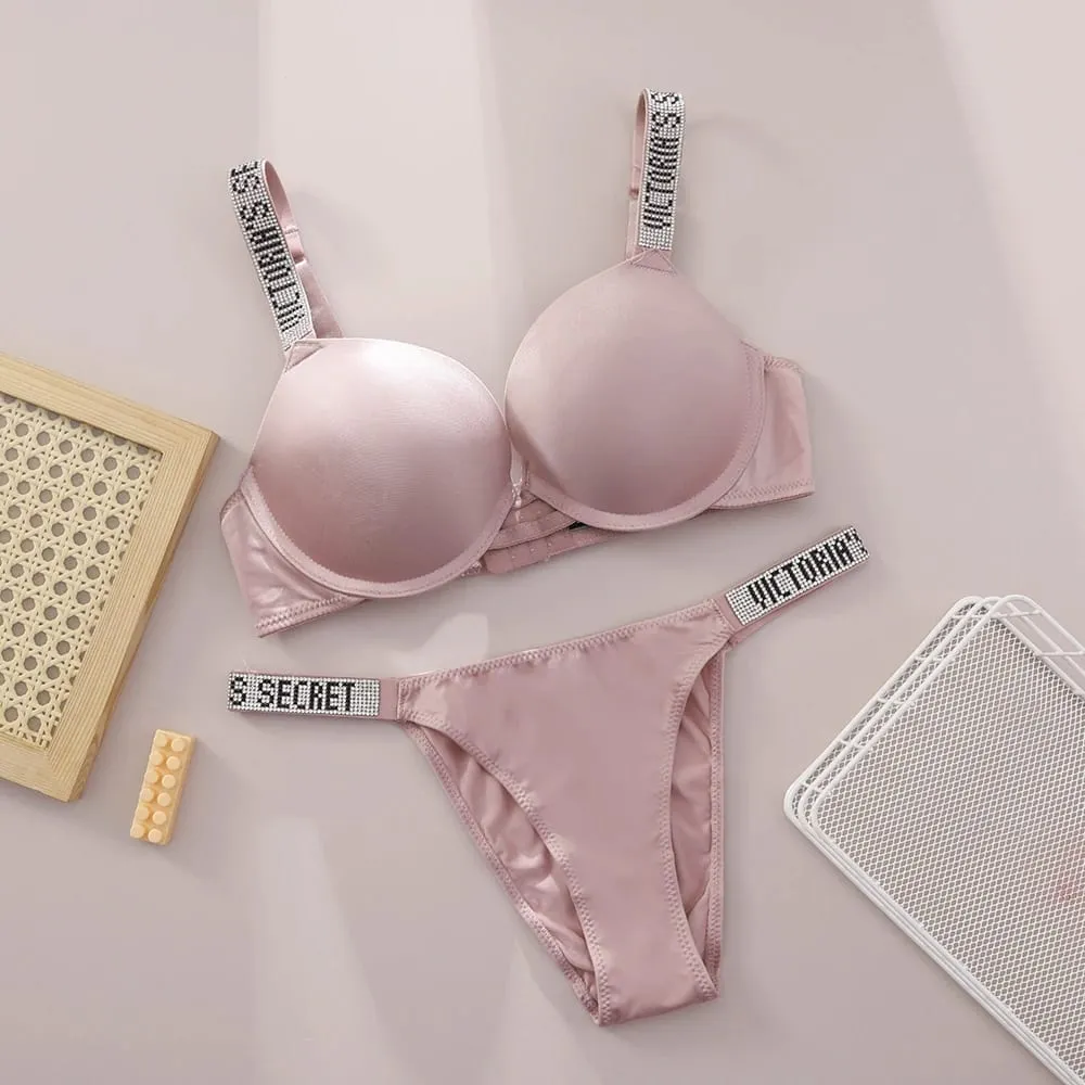 Victoria Secret Shine Script Thong Panty Very Sexy Logo Shine Strap Push Up Bra Set Sexy Women Lingerie Hot