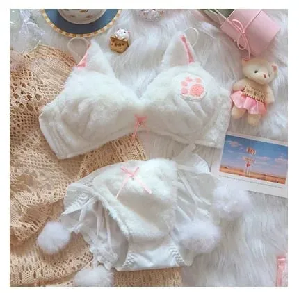 Cute Cat Paw Plush Lingerie Set for Women Warm Winter Bra & Panty with Ears Comfortable Kawaii Underwear