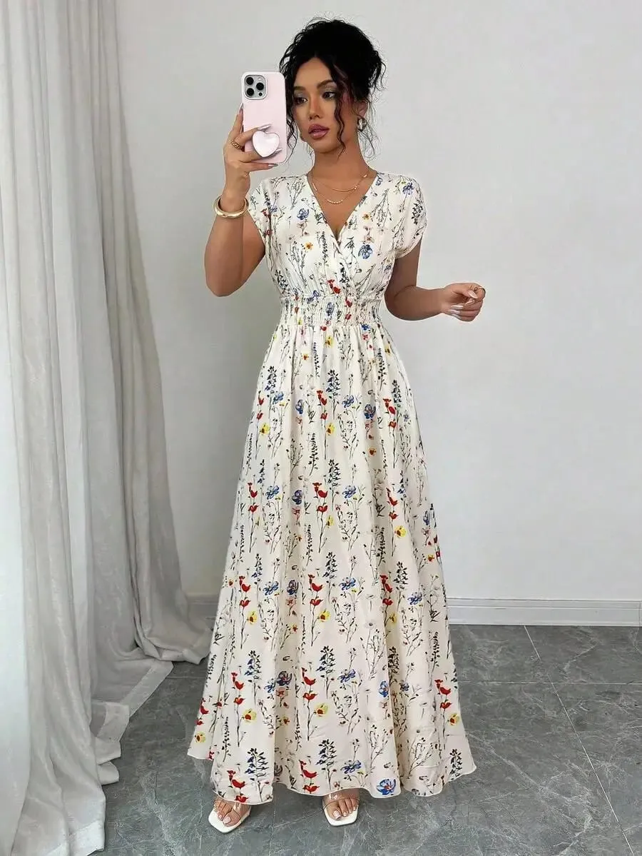 Women's Ditsy Floral V-Neck Sleeveless Waisted Maxi Dress
