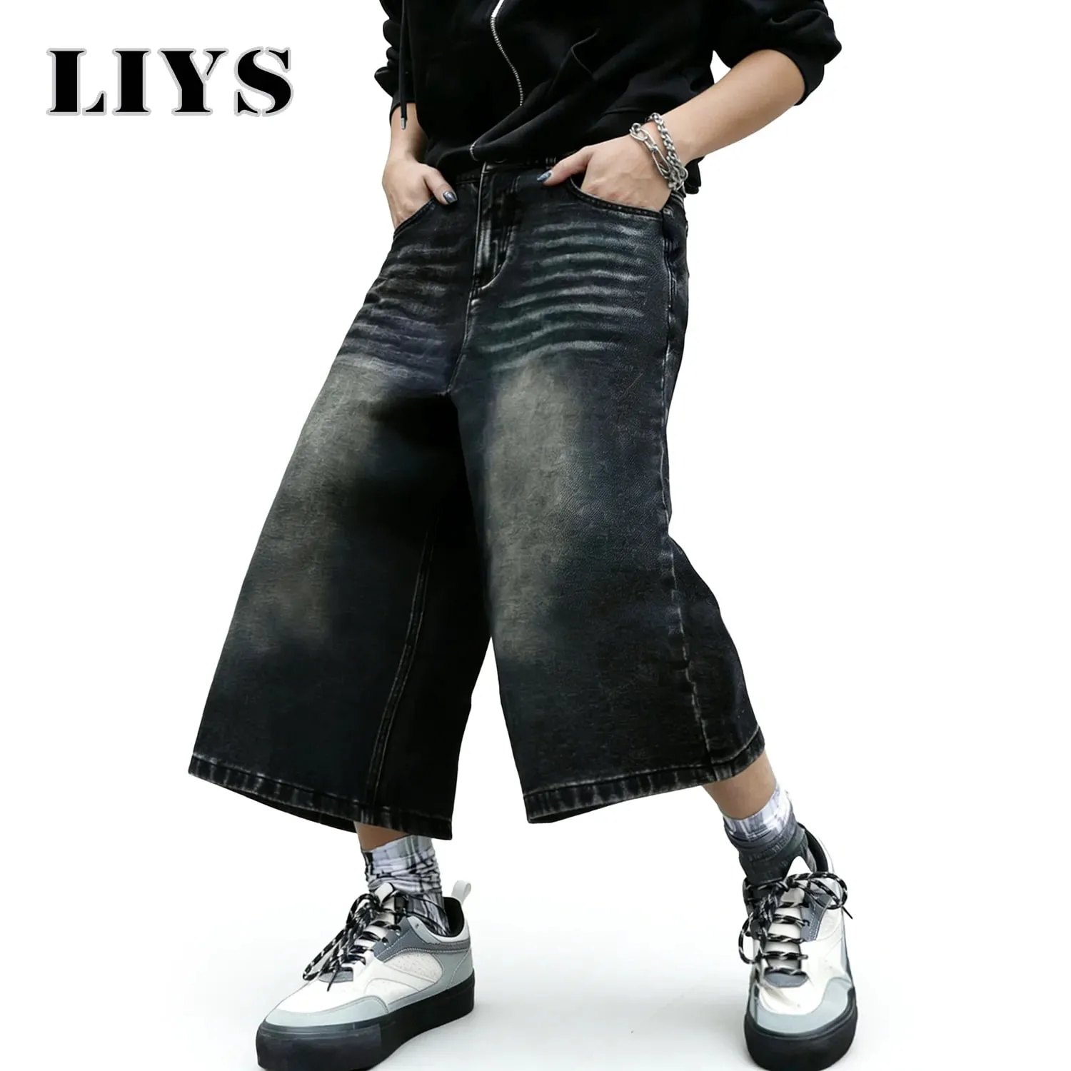 American Retro Classic Black Ultra Baggy Wide Leg Men's Denim Shorts Spring Summer Casual Oversized Jeans Men's Clothes