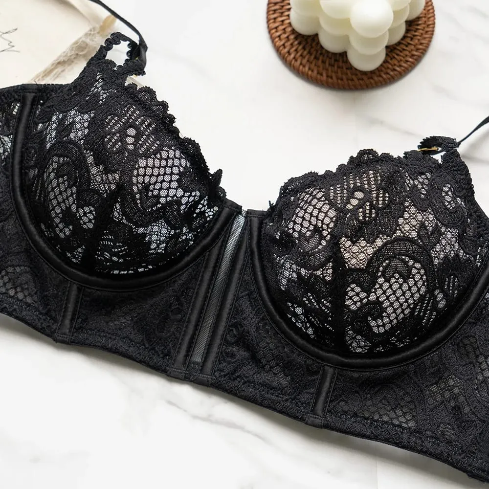 Set di lingerie da donna vintage in pizzo floreale nero con ferretto, reggiseno e slip trasparenti con ferretto, 2 pezzi, dettaglio anello laterale dorato, intimo sotto