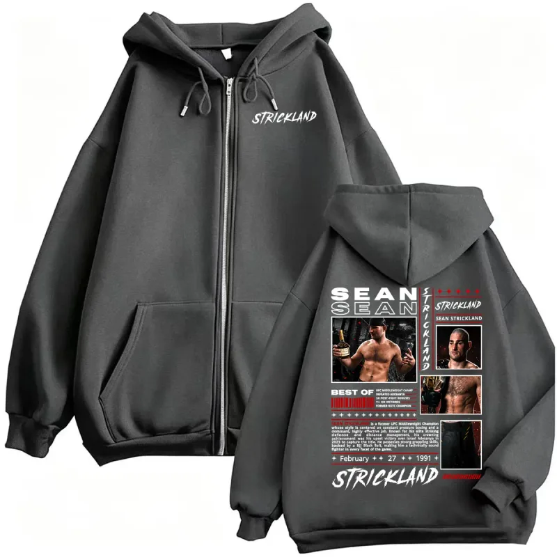 Sean Strickland Retro 90s Style Zipper Hoodies Men's Violence Aesthetic Sweatshirt Jacket Coats Fleece Long Sleeve Zip Up Hoodie