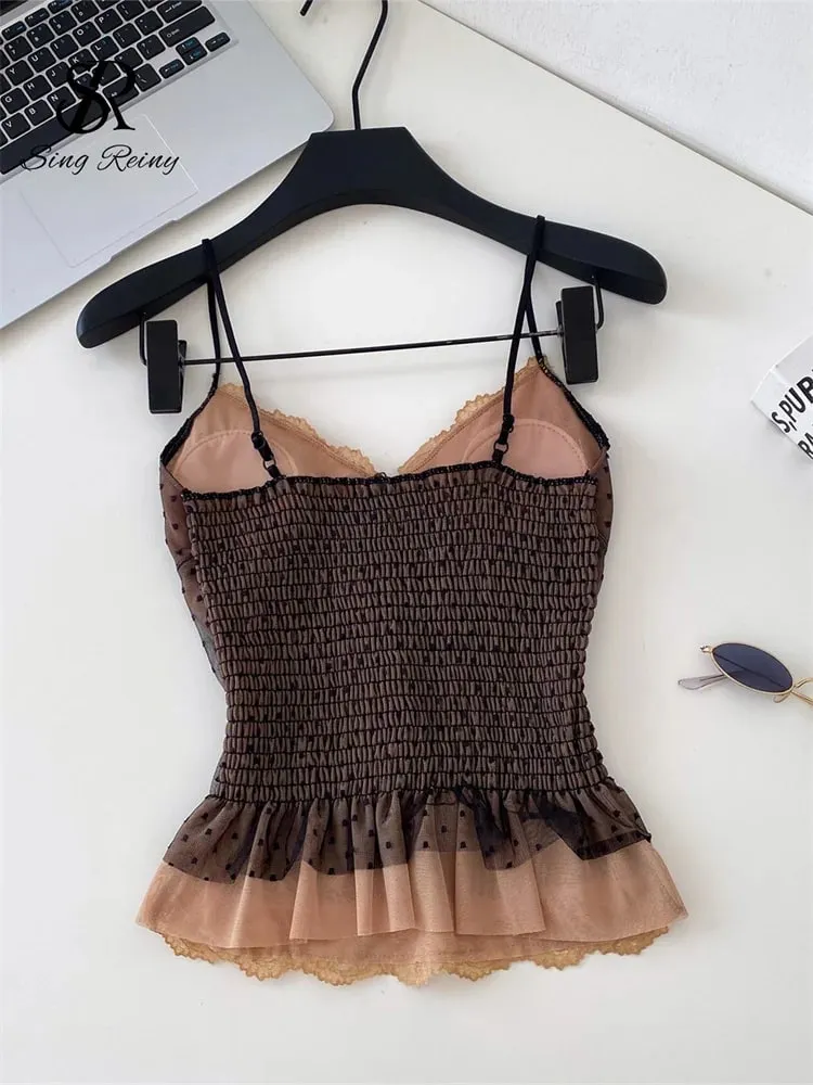 Polka Dot Mesh Lace Top French V Neck Shirred Stretchy Slim Backless Pambabaeng Tank Top Summer Y2K Sensual Lazy Kamisole