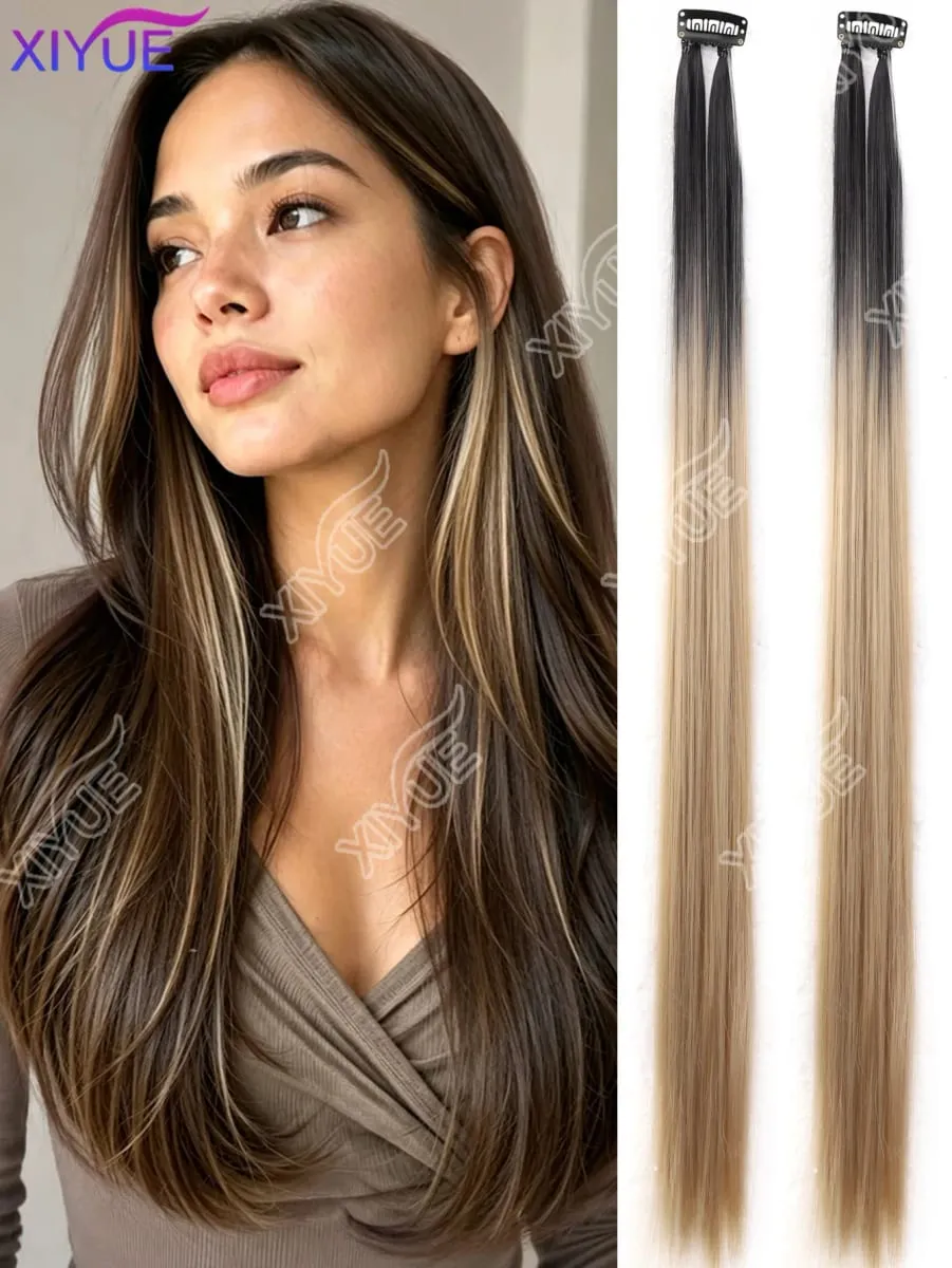 XY Hair Extensions 2pcs/pack Straight Extensions Multi-Colors Highlights Synthetic Hair Rainbow Hairpieces for Girls Halloween