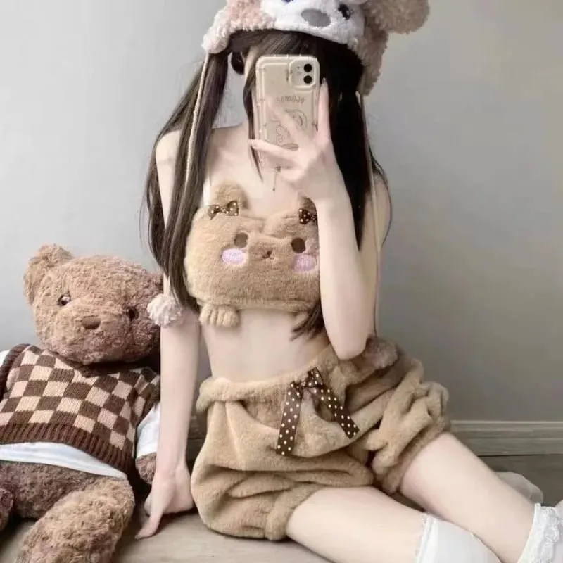 N1 Plush Bear Winter Warm Bra Set Japanese Girl Soft Sweet and Cute Cartoon Pumpkin Pants Students Plush Sexy Bras Wireless Thin