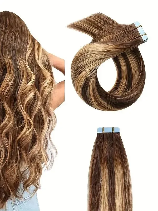 Ugeat Tape in Synthetic Hair Extensions 24' Machine Remy Hair Straight Hair Ombre Blonde Color Hair 3g/Pcs 30G/10 Pcs