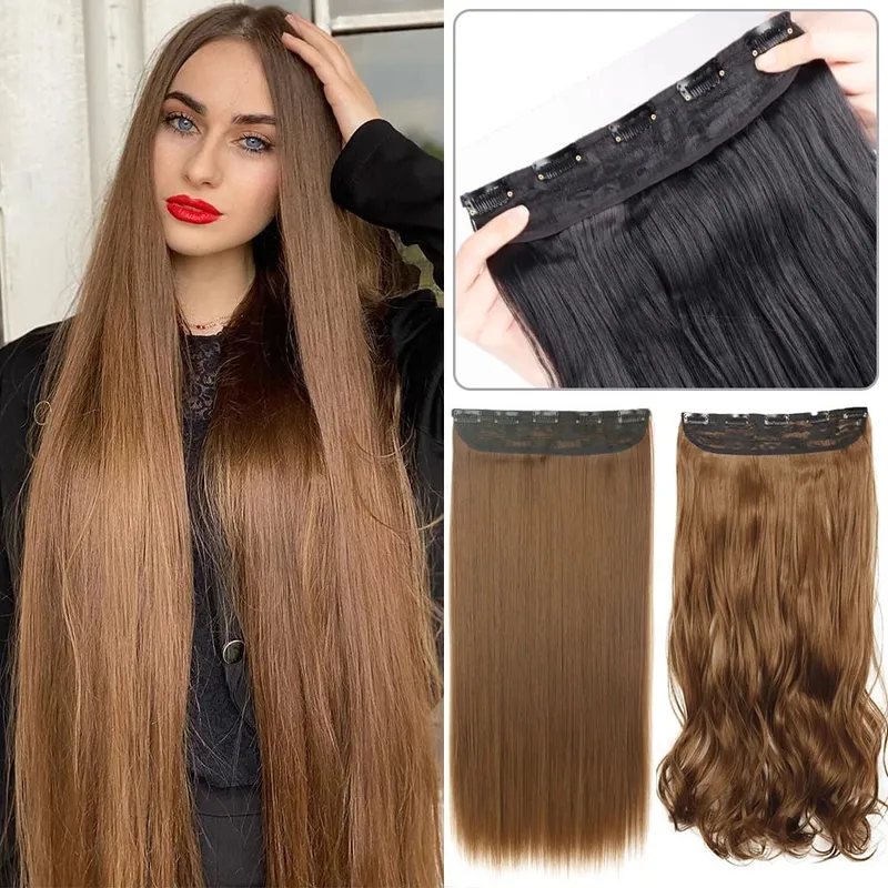Syntetisk Lang Lige Frisure 5 Clip In Hair Extensions 32 Tommer One Piece Hairpiece Brun Blond Sort Falsk Hår Til Kvinder