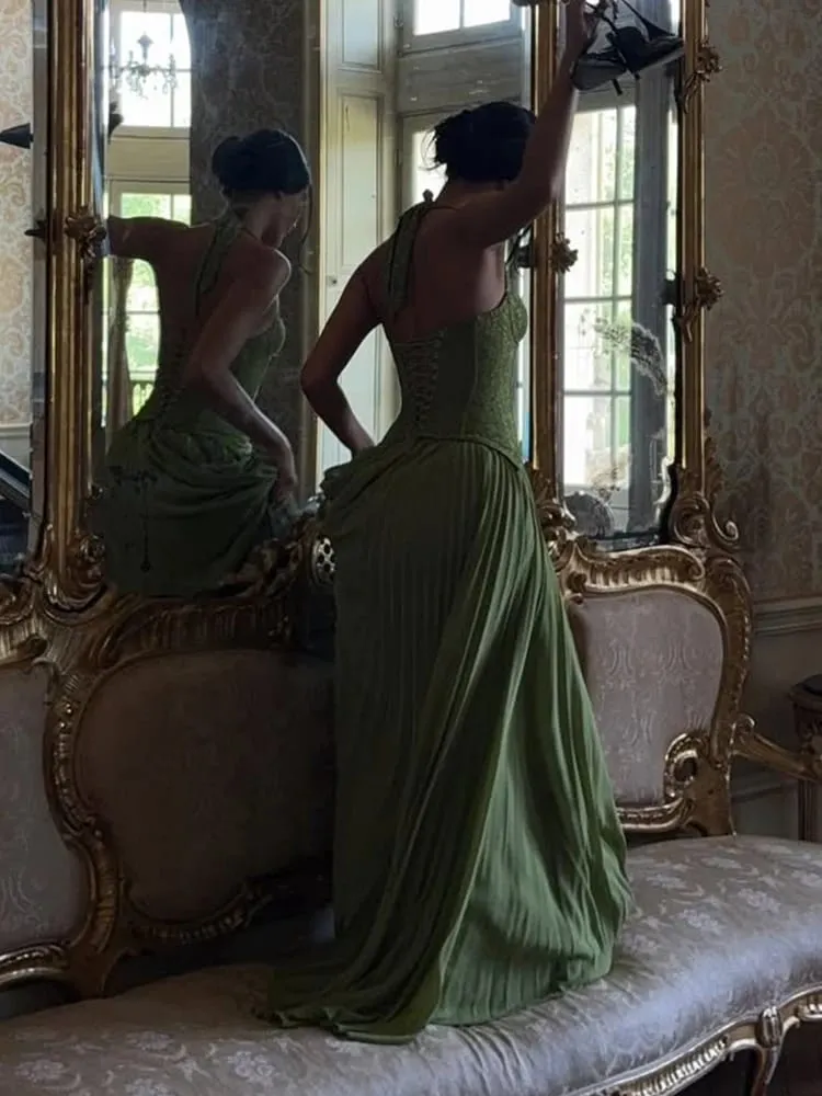 Green Chic Corset Halter Long Dress Women Solid Backless Off Shoulder Pleated Patchwork Slim Dresses 2026 Lady Party Gown New
