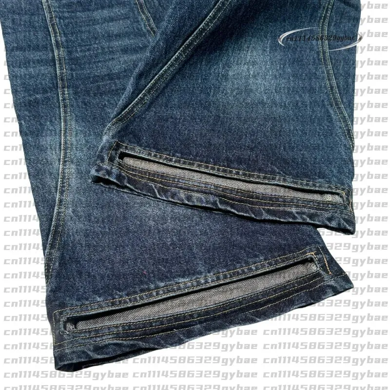 2026 Y2K Retro Blue Flare Jeans Unisex Washed Denim Pants Embroidered Back Pocket Streetwear Wide Leg Bootcut Jeans