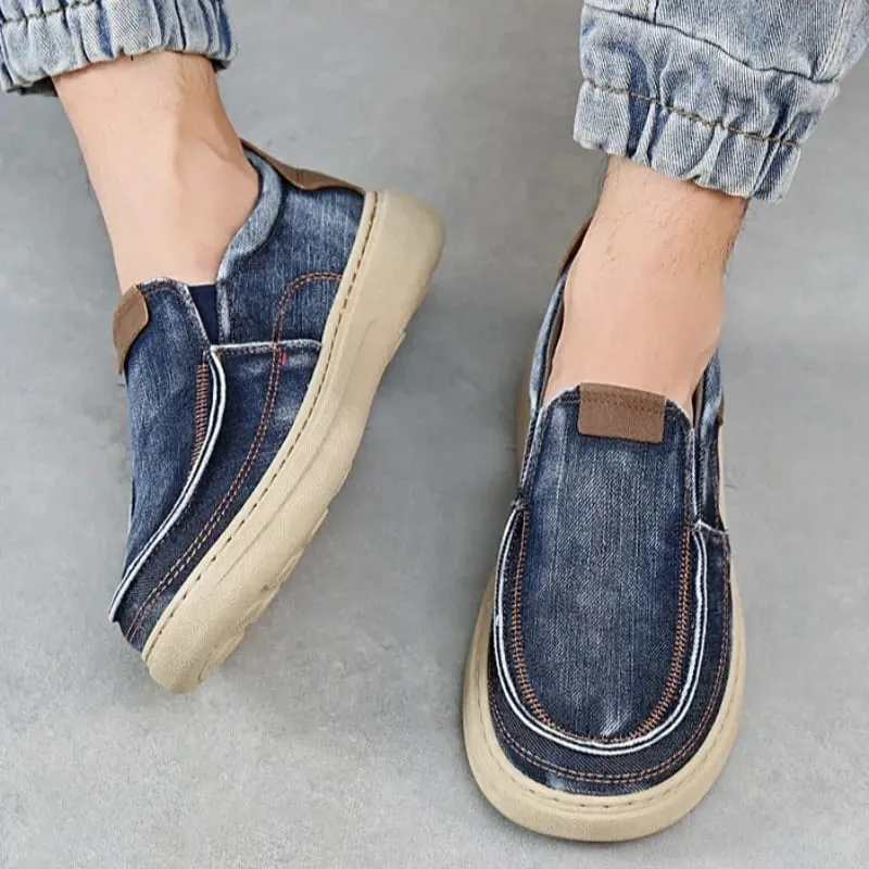 New Quality Denim Cloth Casual Man Shoes Fashion Men's Sneakers Slip on Walking Flats Breathable Lightweight Driving Work Shoes