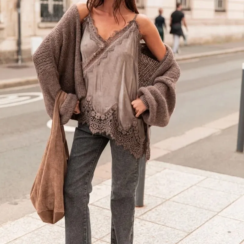 y2k Coquette Satin Lace Cami Tops Silky Lace Trim Patchwork Spaghetti Strap Low Cut Asymmetrical Camisole Women Sexy Slip Tanks