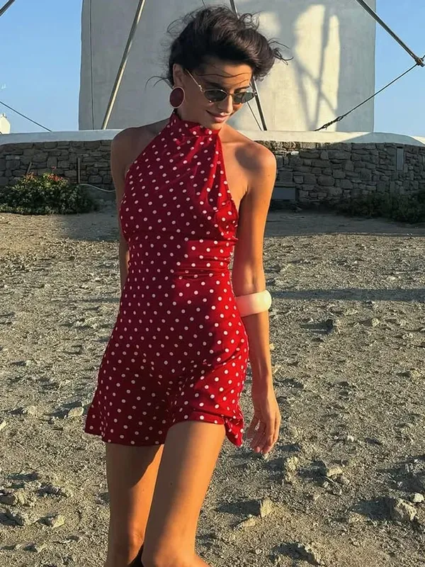 Chic sem costas polka dot halter vestido feminino sem mangas fora do ombro rendas até mini vestidos 2026 verão senhora festa de férias robe