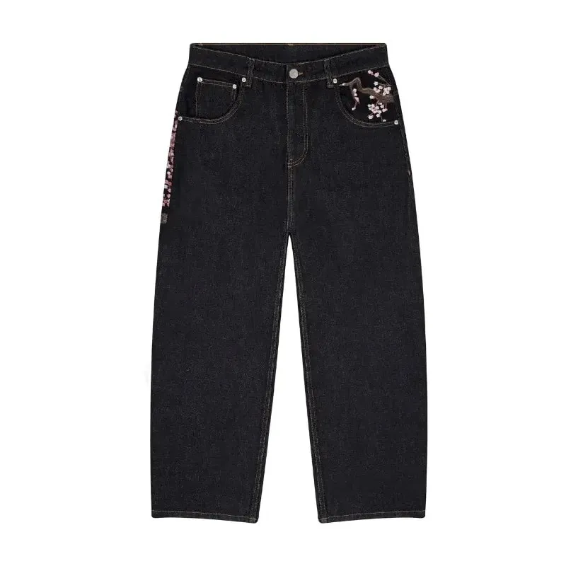 Y2K Baggy Jeans Cherry Blossom výšivka Džínové kalhoty Muži Ženy American Hiphop Streetwear Široká noha džínové kalhoty
