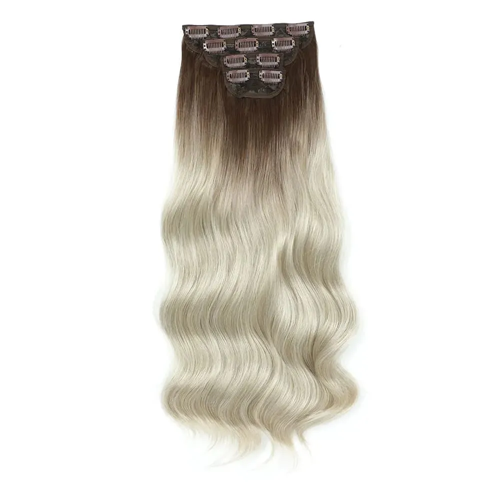 4Pcs/Set 11 Clips 22 Inches 220g Beach Waves Clip in Hair Extensions Sandy Blonde Champagne Heat Resistant Synthetic Hairpiece