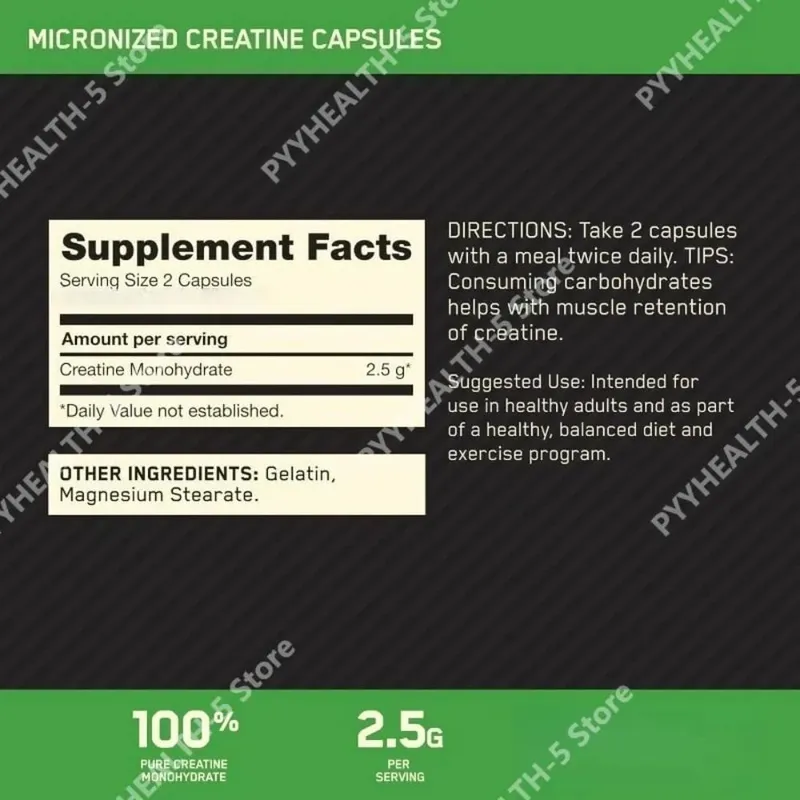 Creatine 2.5g Capsules for Adults - Supports Lean Muscle Fitness & Recovery Non-GMO Gluten-Free Vegan-Friendly 60 Capsules