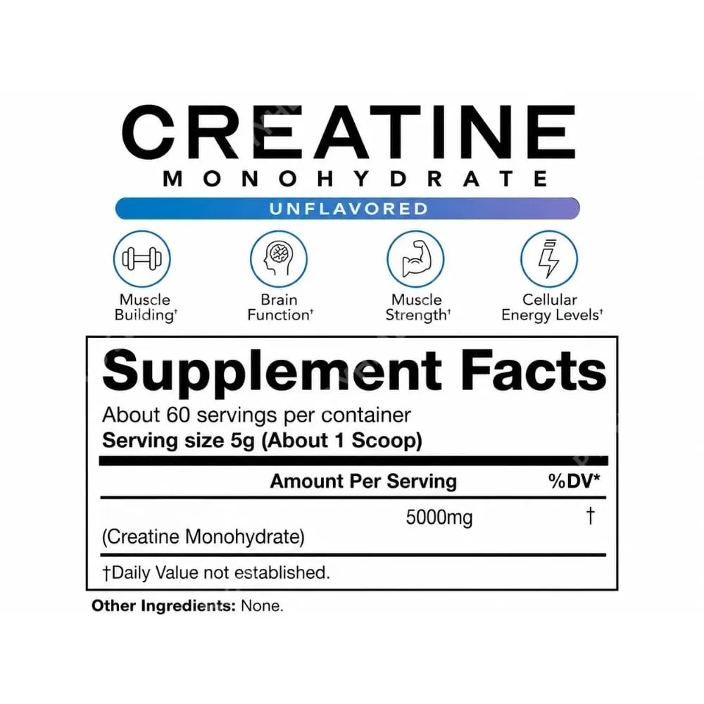Creatine Monohydrate Powder 5000mg 60 Servings Unflavored Daily Fitness Support Supplement Vegan Gluten Free 300g