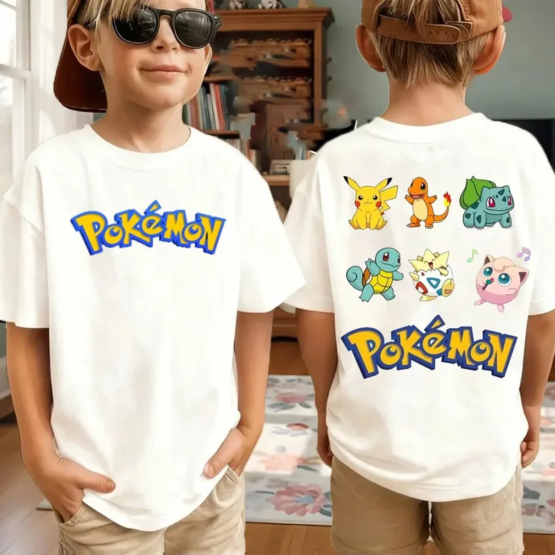 Summer Pokémon AnimeT-shirts Boys Pure Cotton Short-sleeved Top Casual Suitable for Both Boys and Girls Parent-child Outfits.