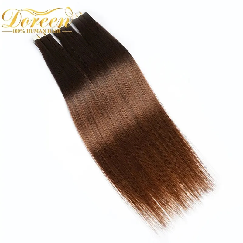 Doreen Ombre Brown Dark Roots Tape in Hair Extensions Human Hair Invisible Tape Hair for Thin Hair 20Pcs/set 50G Skin Weft Hair