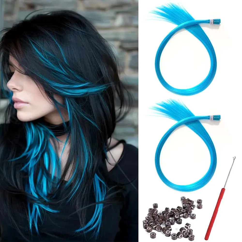 20 Strands Synthetic I-Tip Fusion Hair Extensions Party Colors 16" Straight Heat Resistant Highlight Feather Hairpieces Festival