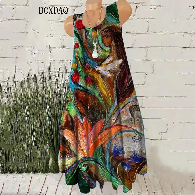 Gradient Kvinnor Vintage Korta Klänningar Ärmlös sommar 3D Tie-dye Street Style Kvinnlig Klänning Lös Casual O-Neck Mini Klänning