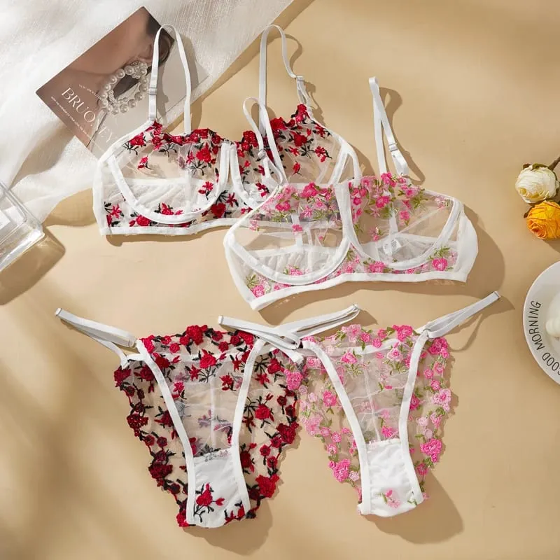 Women Floral Embroidery Sheer Mesh Lingerie Set Underwire Bra and Briefs Adjustable Straps Ladies Intimates Suit