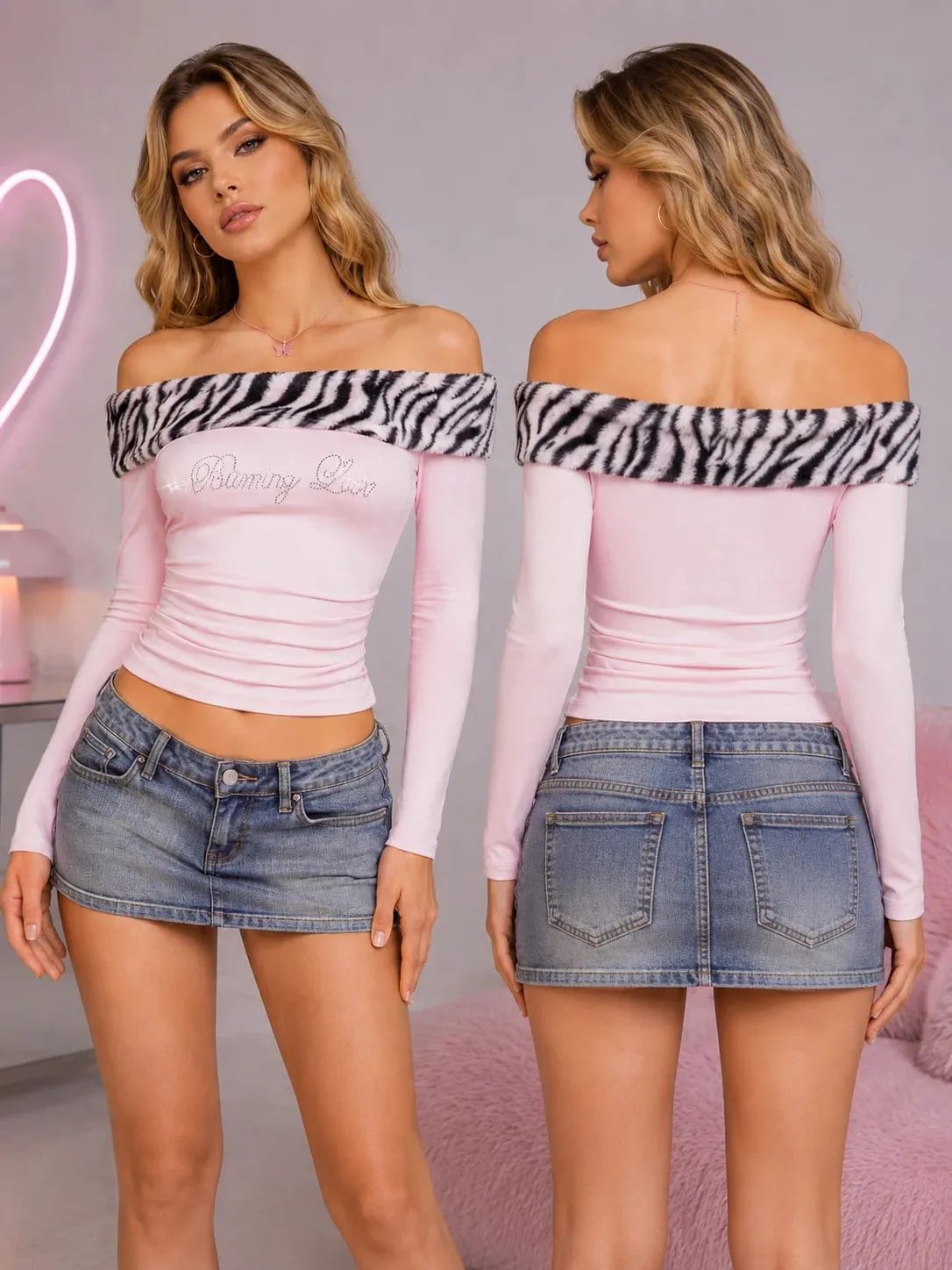Women Y2K Tiger Print Faux Fur Trim Off Shoulder Top Rhinestone Burning Love Lettering Ruched Waist Fitted Bodycon Cropped Long Sleeve Bardot Tube Top Baddie Going Out Party Club，christmas valentine halloween cosplay costume plus size petit
