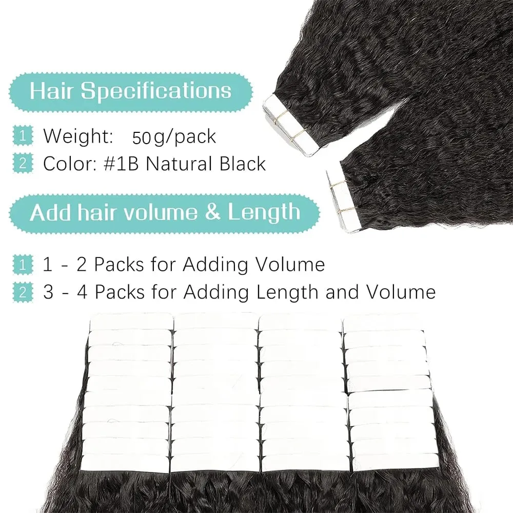 Kinky Straight Tape In Hair Extensions 20Pcs/50g Adhesive Invisible Yaki Straight Tape Ins 100% Human Hair Natural Black 26 Inch