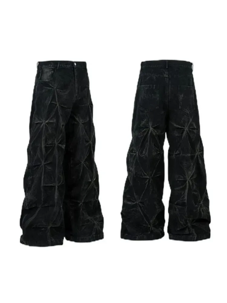 Mens Jeans Harajuku Y2K Streetwear Black Pleated Baggy Denim Pants High Street Hip Hop Wide Leg Loose Fit Casual Fashion Trend