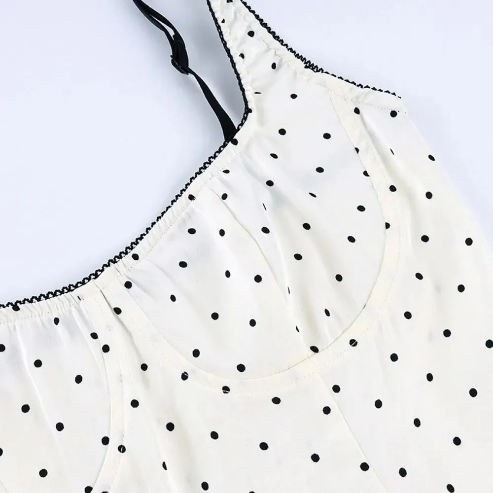 Street Chic Spaghetti Strap Polka Dot Tank Top Square Neck Slim Cropped Sleeveless Silk Vest Off-shoulder Lace Camis Female