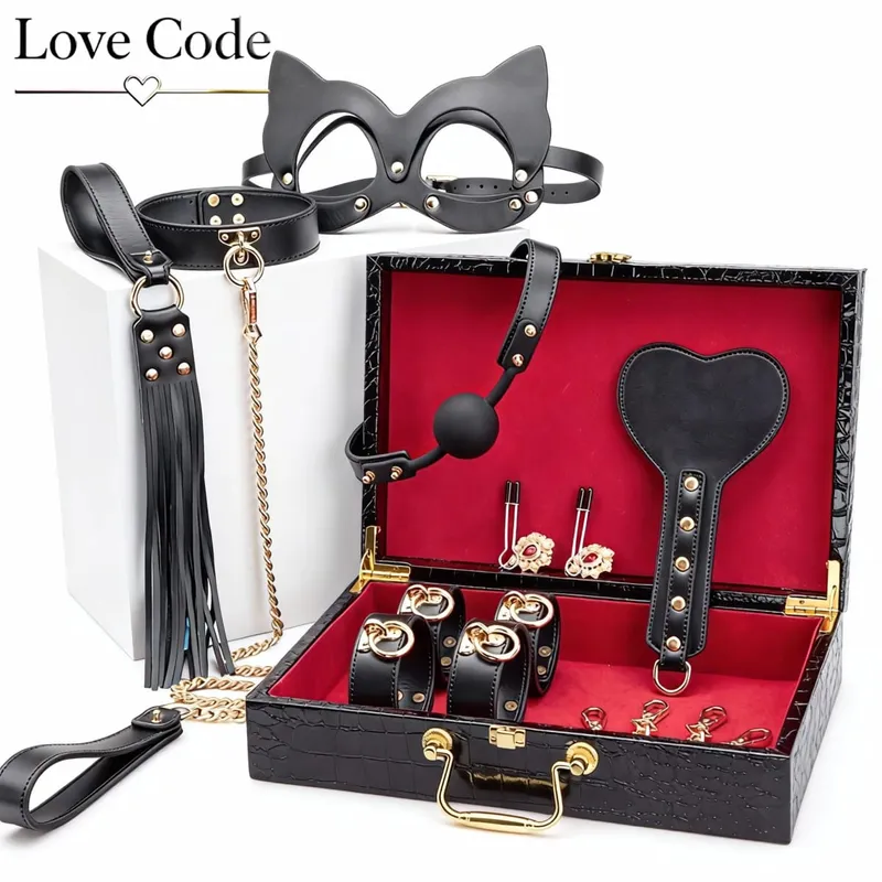 Genuine Leather BDSM Bondage Kits Sex Toys for Couples Handcuff Ankle Cuffs Collar Gag Hogtie Restraints SM Set Adult Love Games