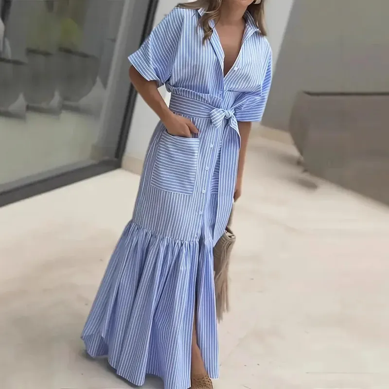 Striped Short Sleeved Loose Mid Length Lace Up Waist Dress With Single Breasted Pocket Shirt Dresses For Women Ropa Mujer