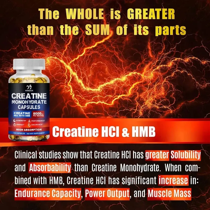 Creatine Monohydrate 6000mg Capsules with Creatine HCL & HMB Boost Lean Muscle Improve Training Endurance Ease Muscle Fatigue