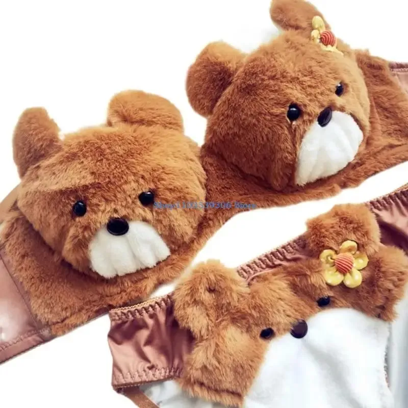 Conjunto de bragas y sujetador de felpa de dibujos animados para mujer, conjunto de bragas con sujetador de oso divertido, lencería encantadora, 400A