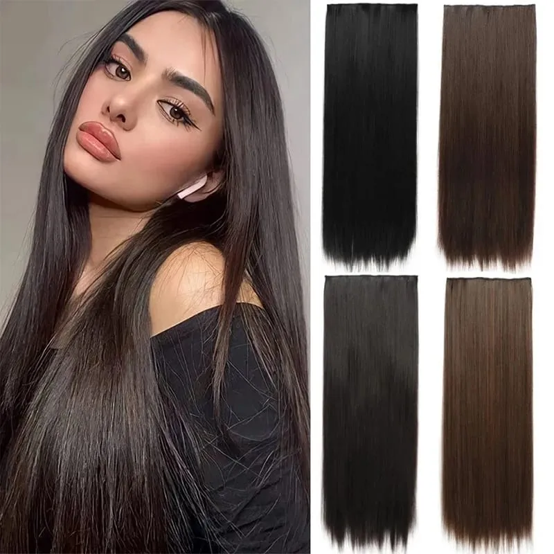Grampo longo e reto sintético de 24 polegadas, extensão de cabelo de uma peça, 5 clipes, cabelo falso loiro, marrom, preto, resistente ao calor